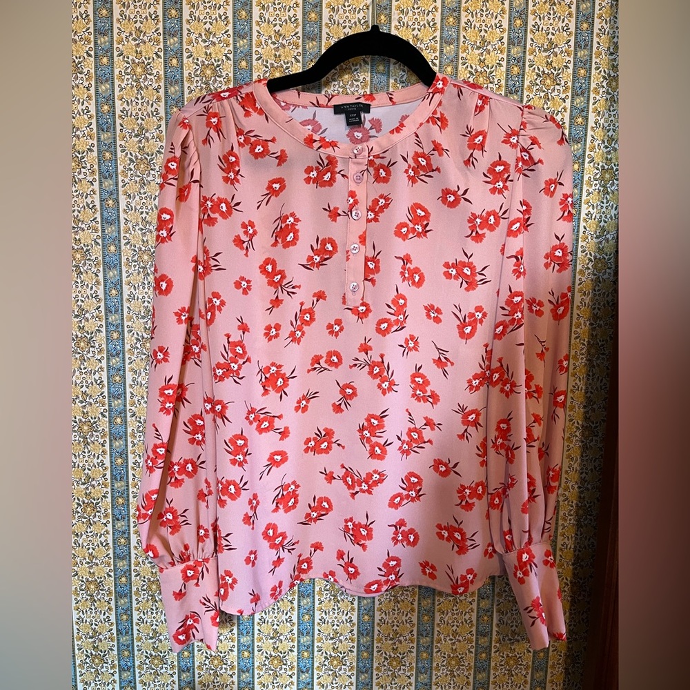 Ann Taylor Petite Floral Mixed Media Puff Sleeve Button Blouse